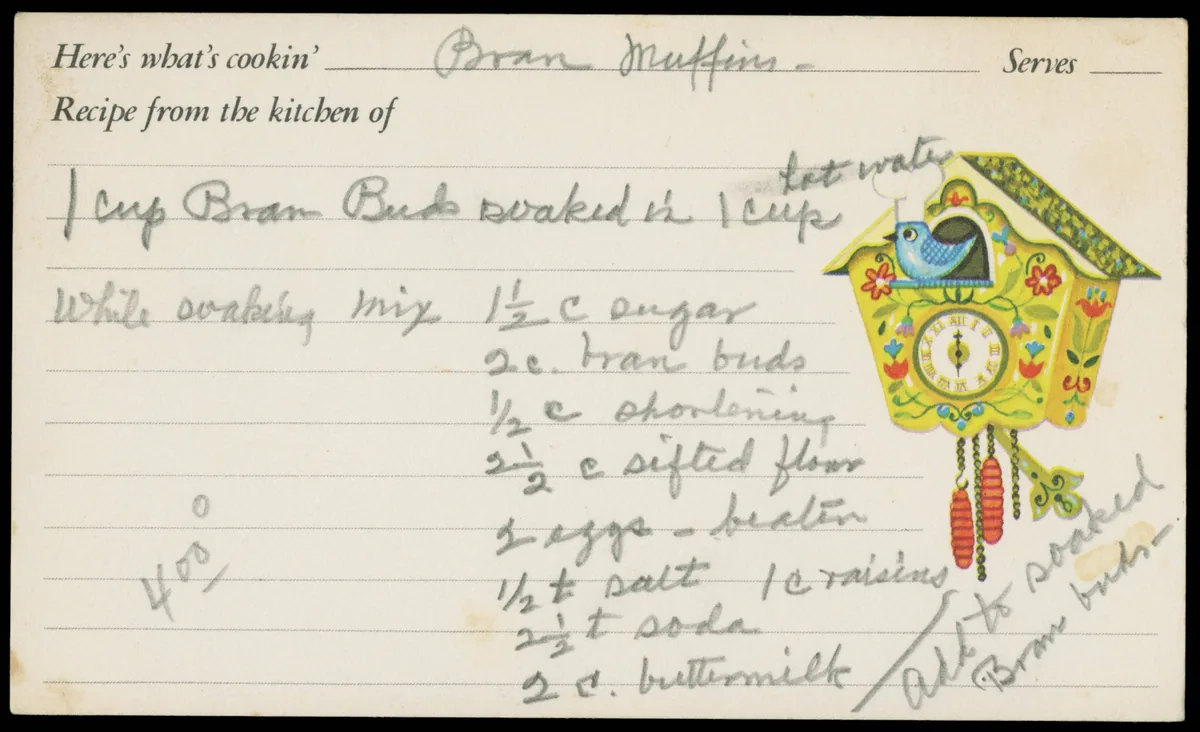 A handwritten recipe card for bran muffins, ingredients listed in pencil, with a later note squeezed into the margin.