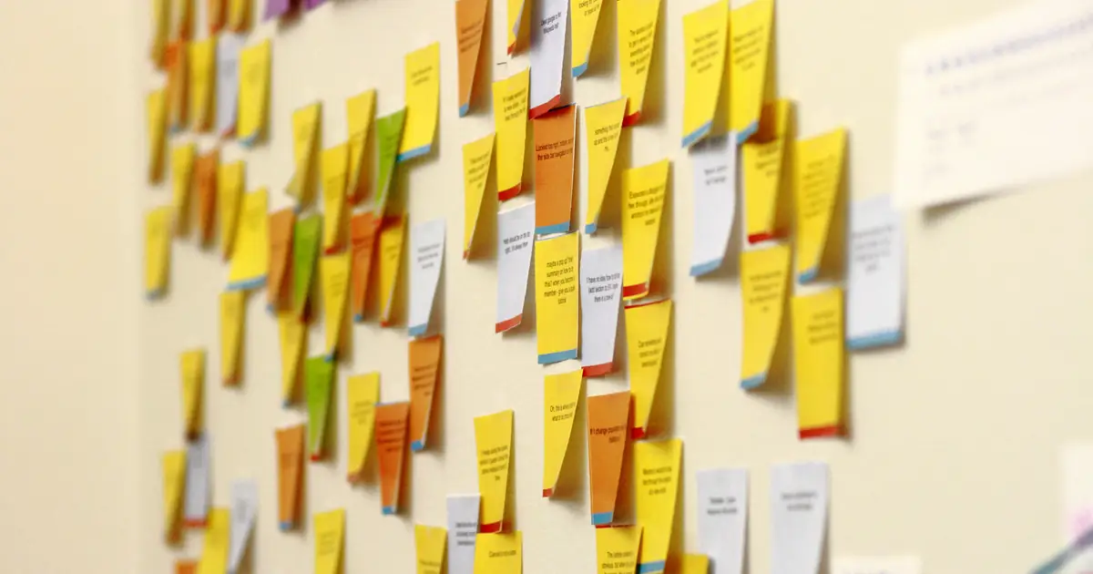 Dozens of yellow, orange and white sticky notes arranged in loose columns on an office wall.