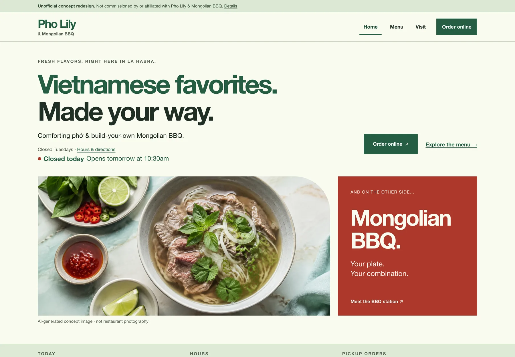 Pho Lily & Mongolian BBQ concept redesign homepage on desktop, showing the two-cuisine introduction and an online ordering action.