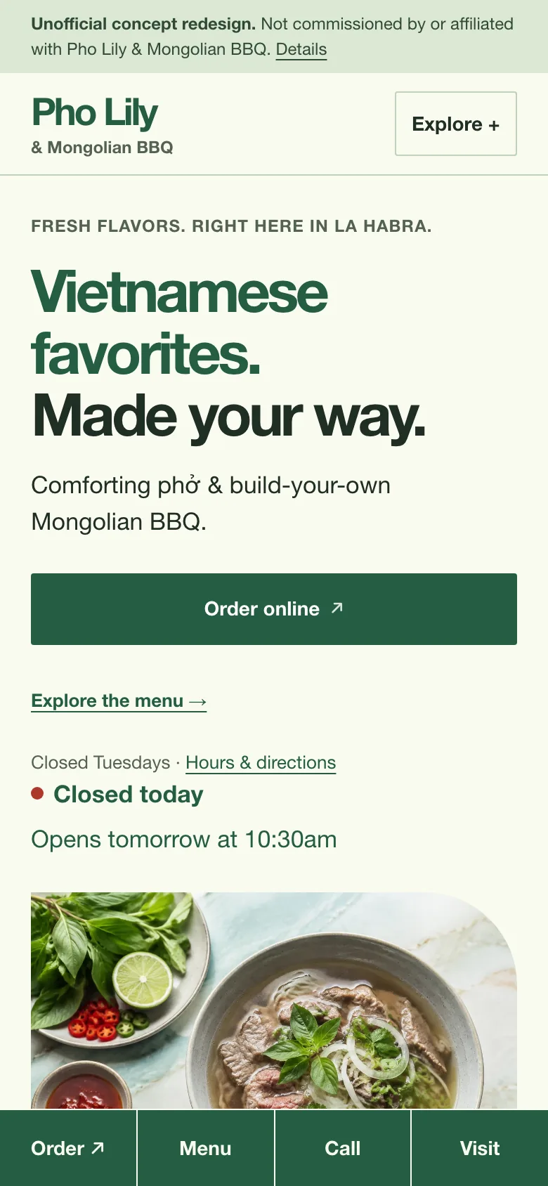 Pho Lily & Mongolian BBQ concept redesign homepage on a phone, showing the two-cuisine introduction and an online ordering action.