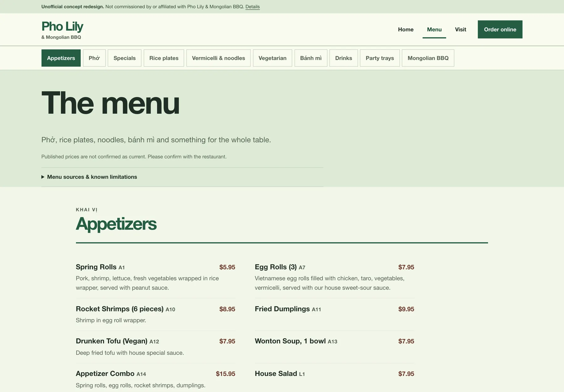Pho Lily & Mongolian BBQ concept redesign menu page on desktop, showing the menu split by cuisine with codes in numerical order.