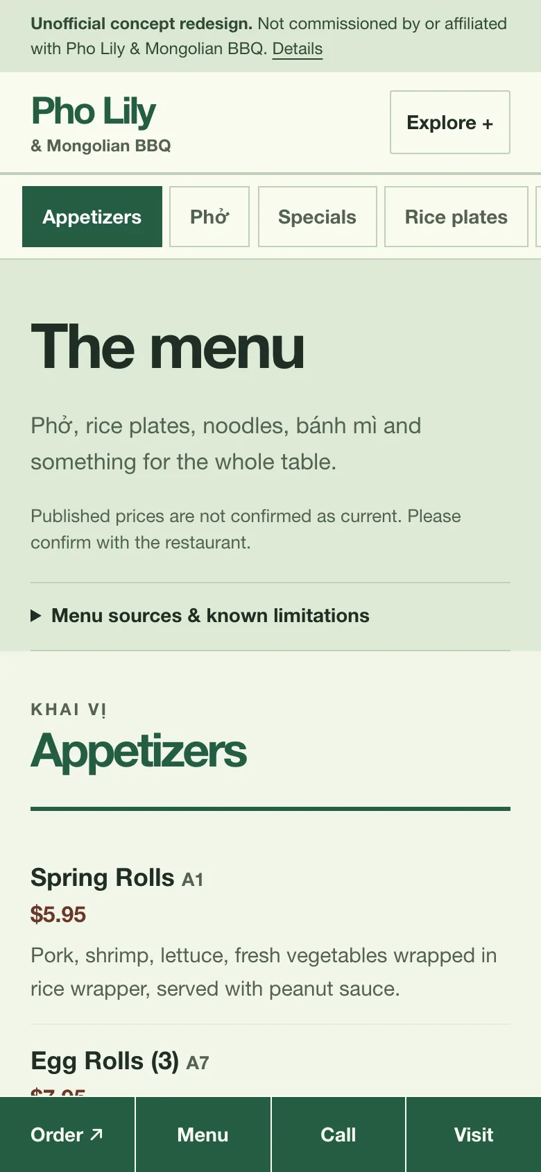 Pho Lily & Mongolian BBQ concept redesign menu page on a phone, showing the menu split by cuisine with codes in numerical order.