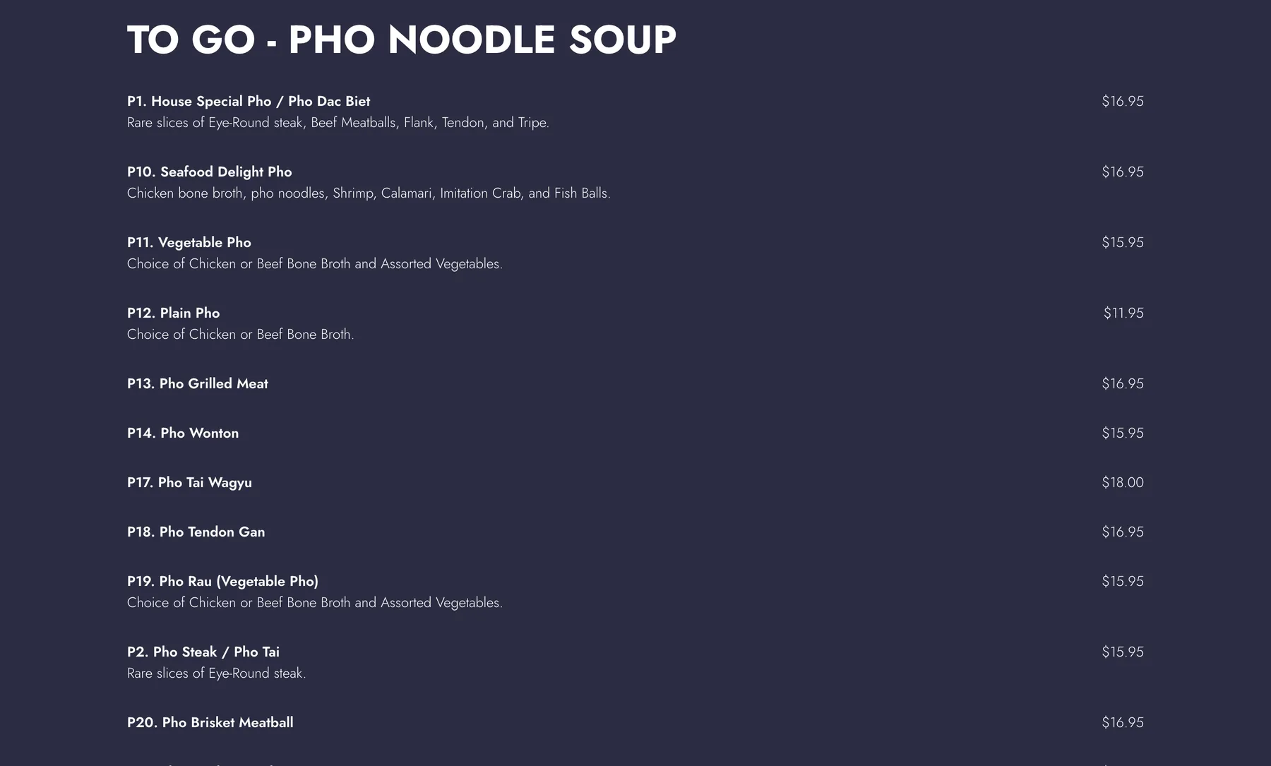 Original Pho Lily & Mongolian BBQ menu page on desktop, showing item codes sorted as text so P2 appears after P19.