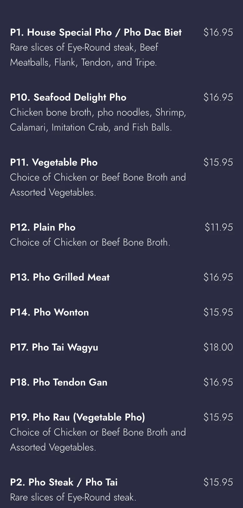 Original Pho Lily & Mongolian BBQ menu page on a phone, showing item codes sorted as text so P2 appears after P19.