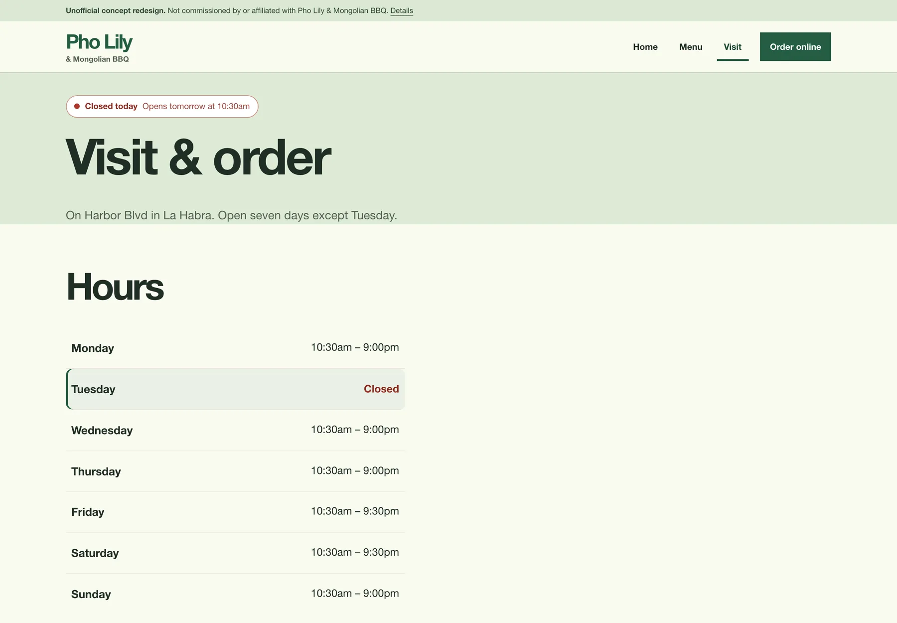 Pho Lily & Mongolian BBQ concept redesign visit and hours page on desktop, showing the opening hours as a table with today marked.
