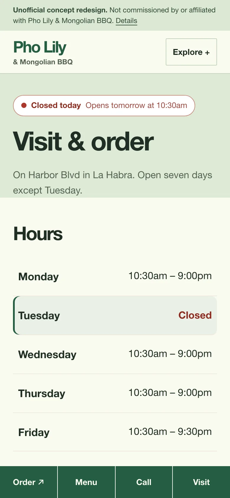 Pho Lily & Mongolian BBQ concept redesign visit and hours page on a phone, showing the opening hours as a table with today marked.