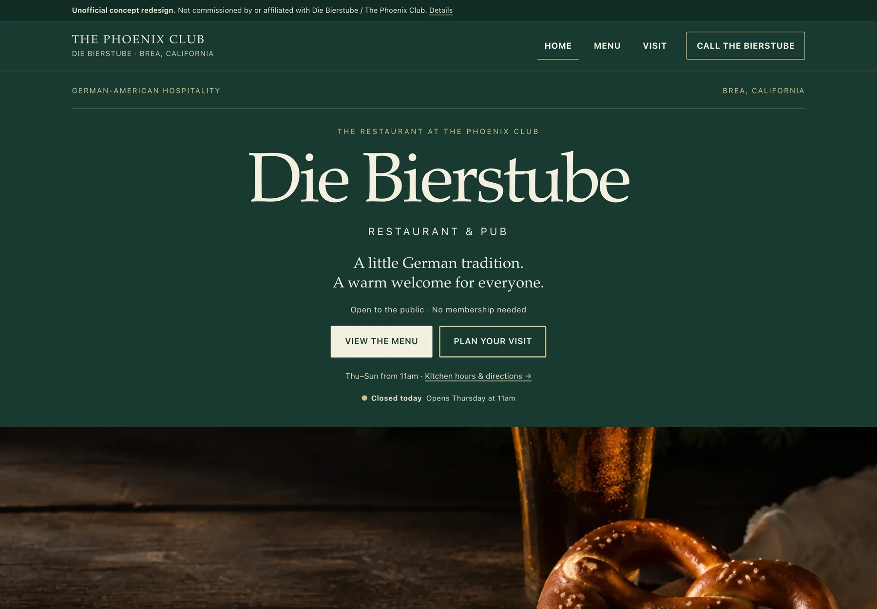 Die Bierstube at The Phoenix Club concept redesign homepage on desktop, showing the Gasthaus masthead and the tonight-and-hours introduction.