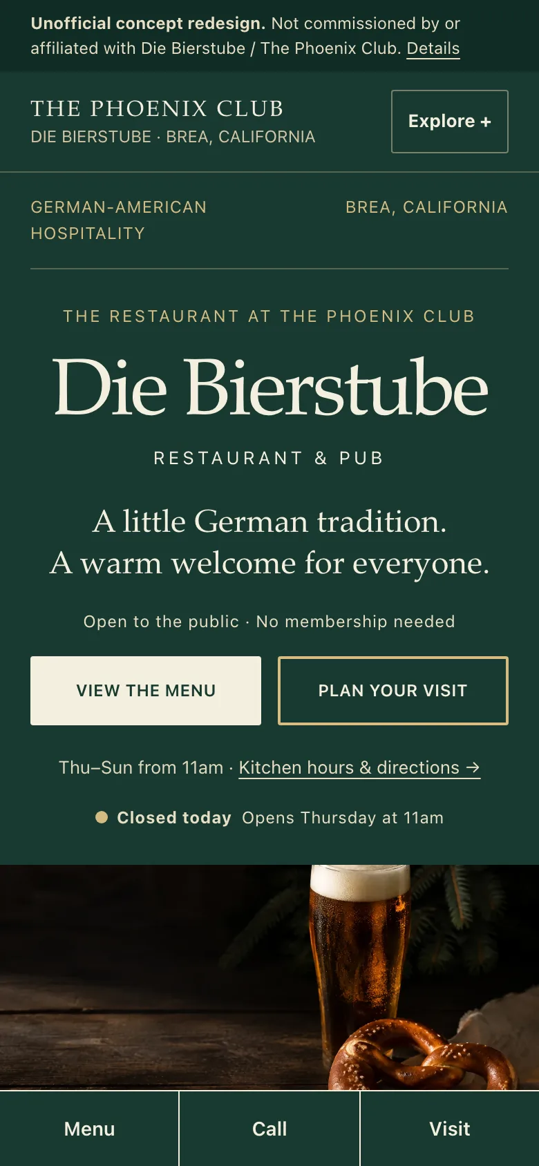 Die Bierstube at The Phoenix Club concept redesign homepage on a phone, showing the Gasthaus masthead and the tonight-and-hours introduction.