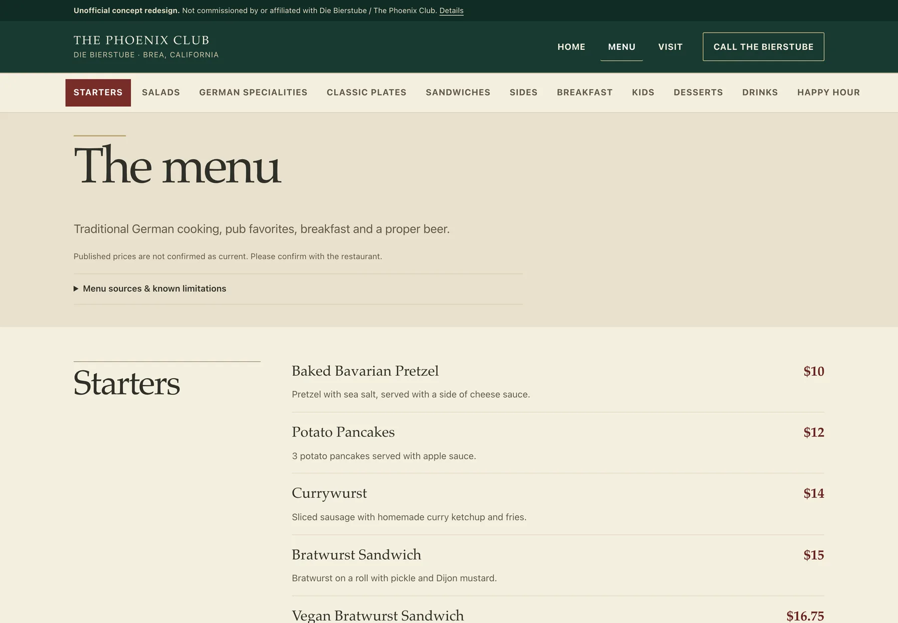 Die Bierstube at The Phoenix Club concept redesign menu page on desktop, showing the printed menus transcribed into readable text.