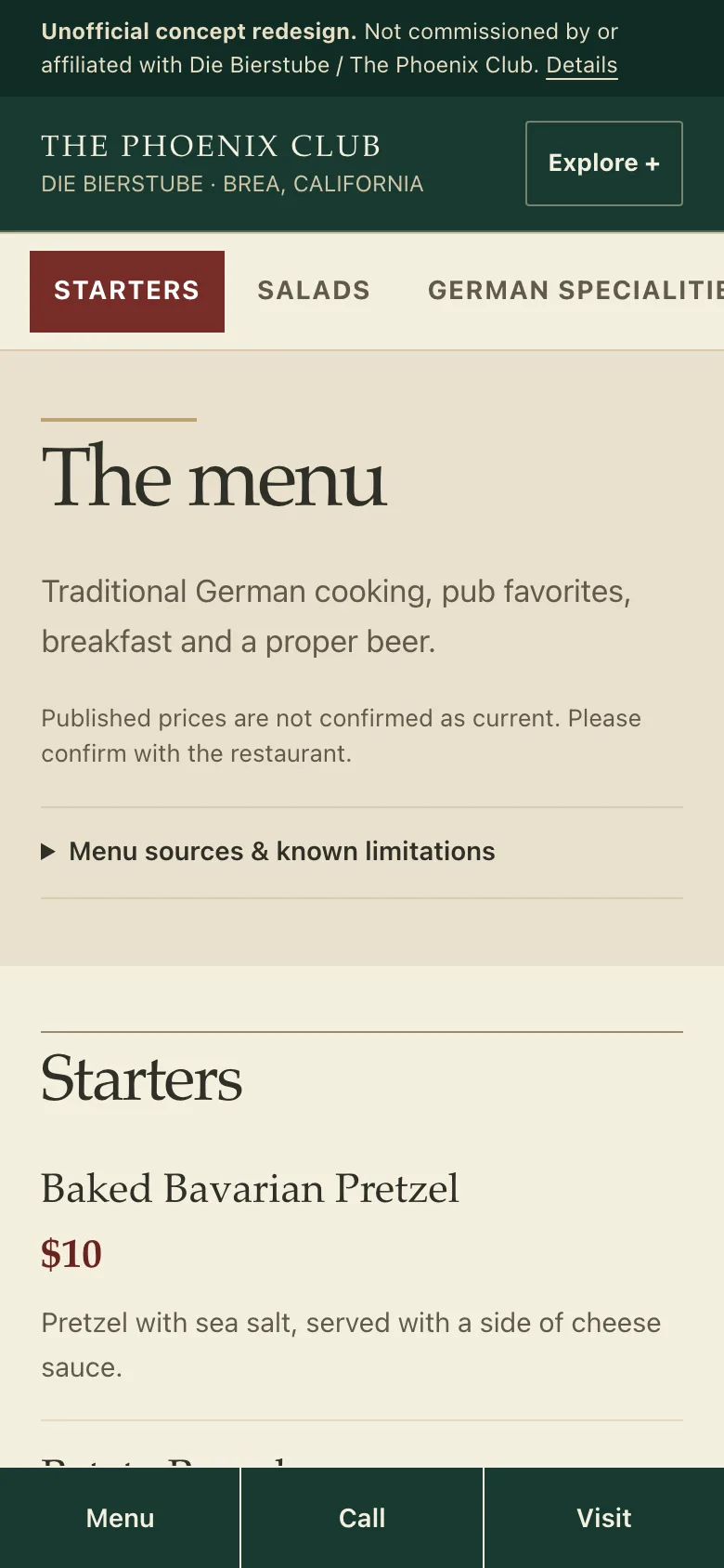 Die Bierstube at The Phoenix Club concept redesign menu page on a phone, showing the printed menus transcribed into readable text.