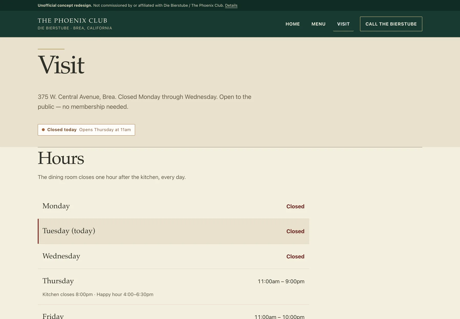 Die Bierstube at The Phoenix Club concept redesign welcome and opening-hours section on desktop, showing the public welcome and a structured hours table.