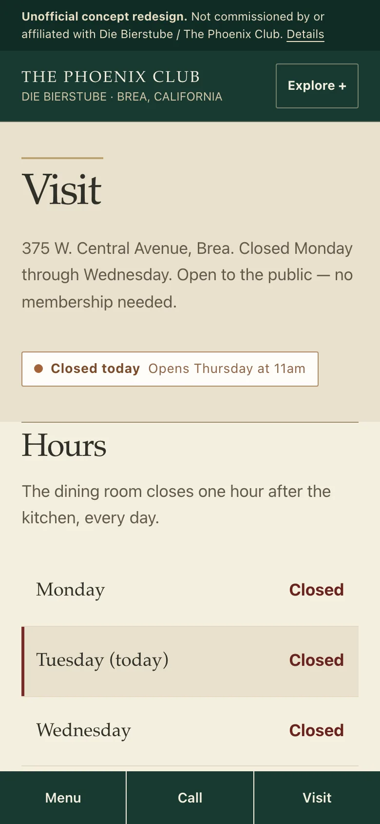 Die Bierstube at The Phoenix Club concept redesign welcome and opening-hours section on a phone, showing the public welcome and a structured hours table.