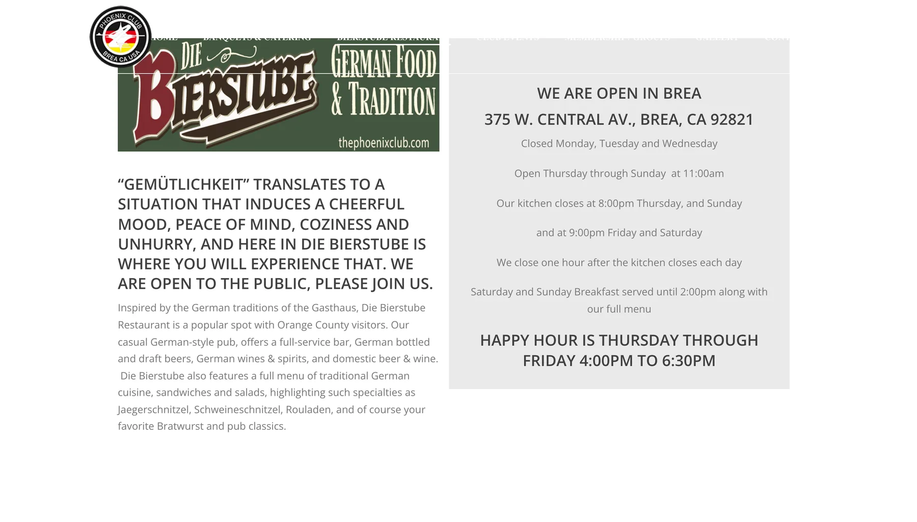 Original Die Bierstube at The Phoenix Club welcome and opening-hours section on desktop, showing a paragraph set as an all-capitals heading beside the opening and kitchen-closing times.