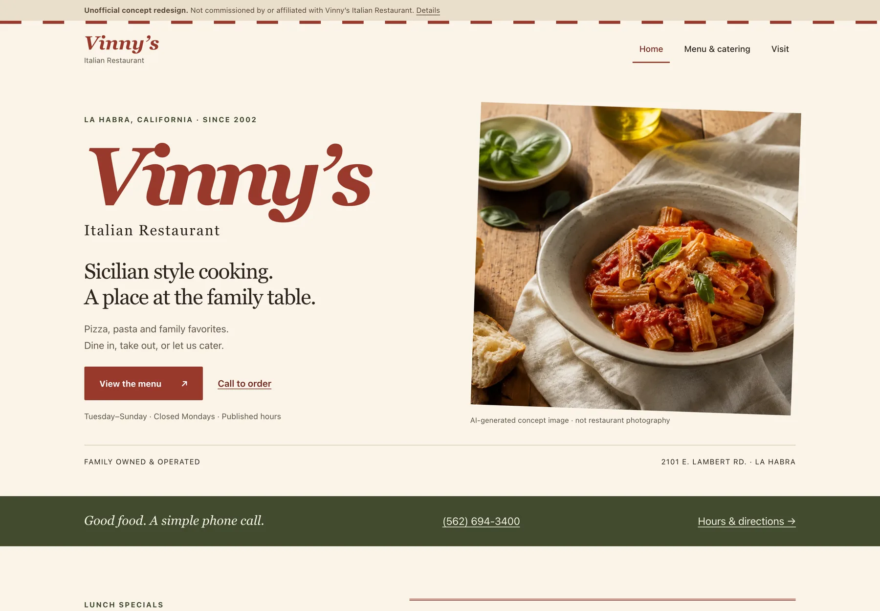 Vinny's Italian Restaurant concept redesign homepage on desktop, showing the restaurant name, a menu action and a call-to-order action in the first screen.