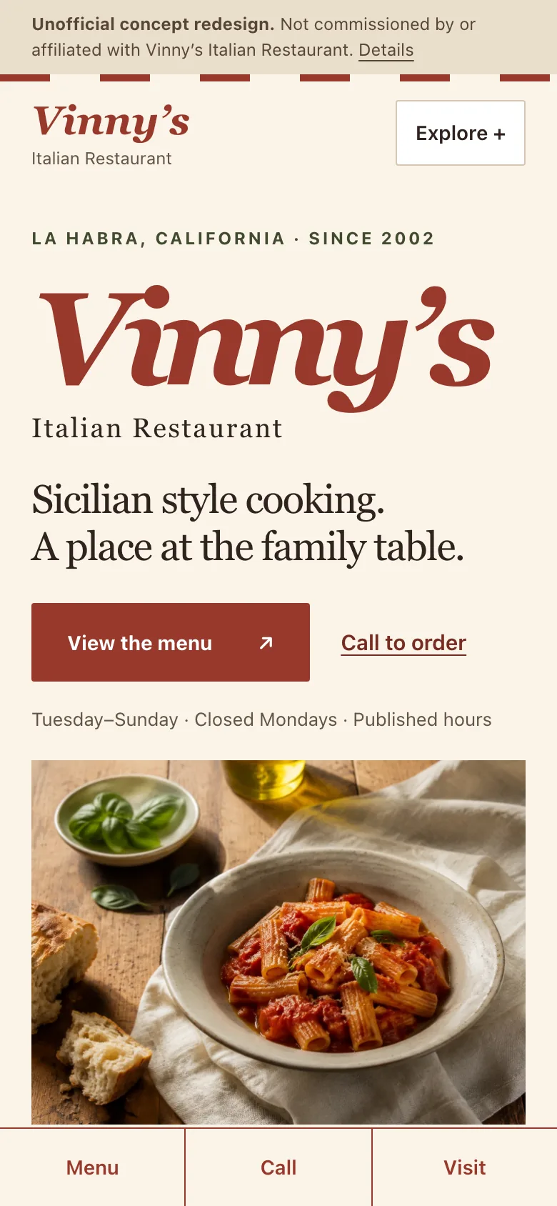 Vinny's Italian Restaurant concept redesign homepage on a phone, showing the restaurant name, a menu action and a call-to-order action in the first screen.