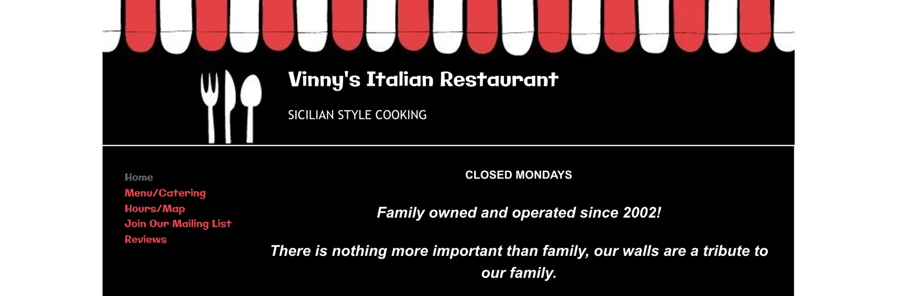 Original Vinny's Italian Restaurant homepage on desktop, showing the masthead, the site navigation and the family introduction.