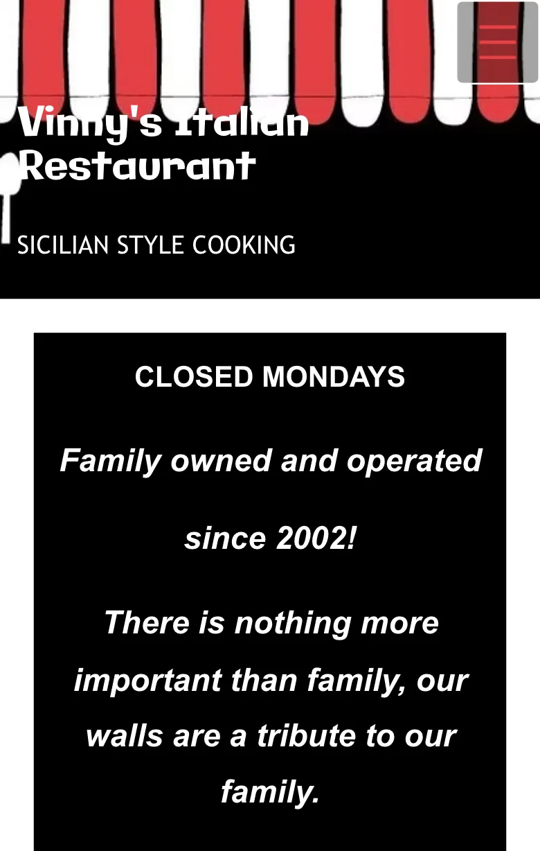 Original Vinny's Italian Restaurant homepage on a phone, showing the masthead, the site navigation and the family introduction.