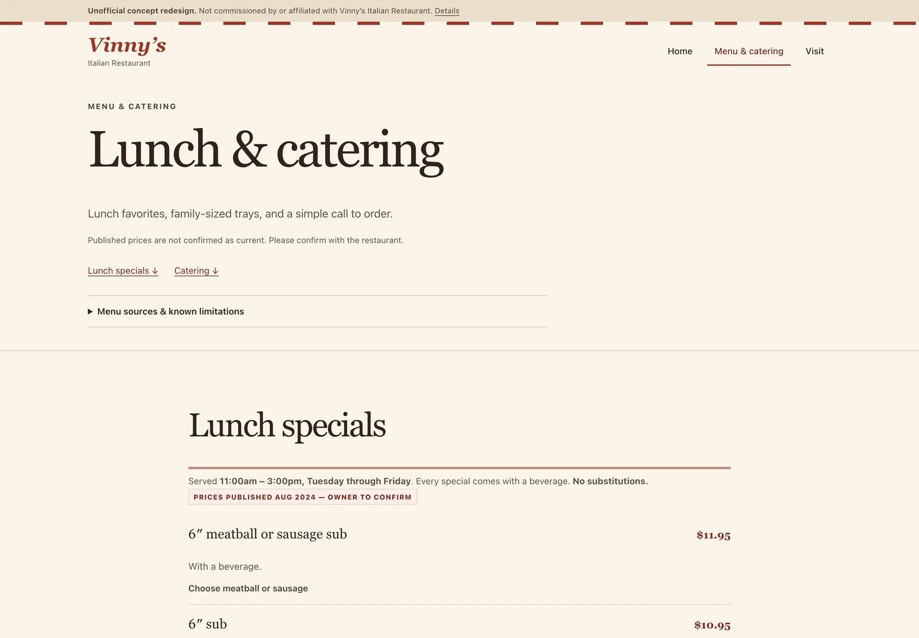 Vinny's Italian Restaurant concept redesign menu page on desktop, showing lunch and catering menus rebuilt as readable text.
