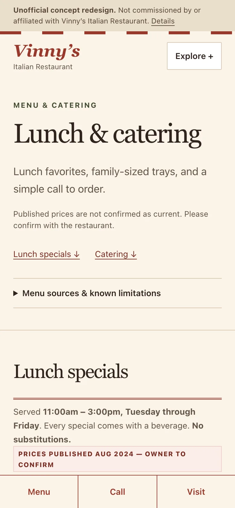 Vinny's Italian Restaurant concept redesign menu page on a phone, showing lunch and catering menus rebuilt as readable text.