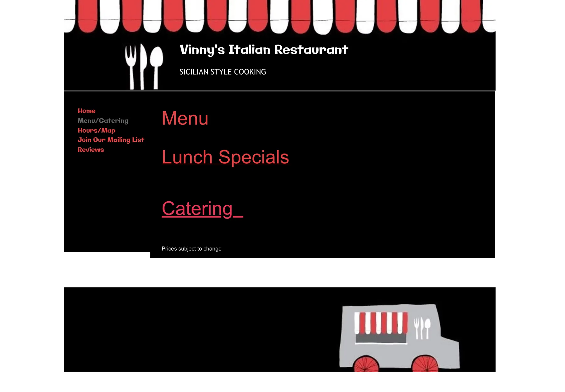 Original Vinny's Italian Restaurant menu page on desktop, showing a Menu label that is not a link above two Word-document links.