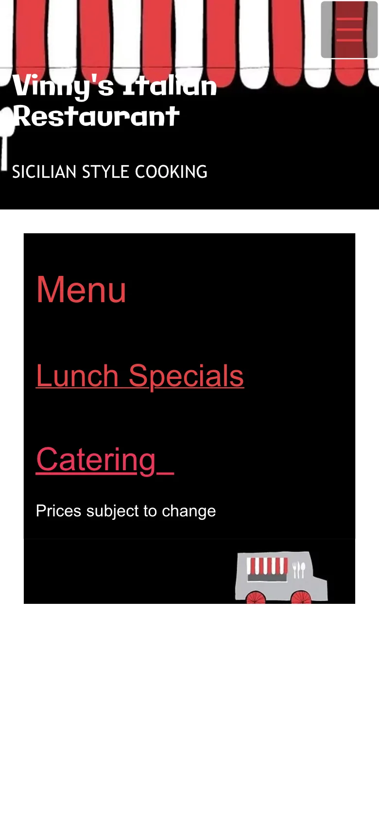 Original Vinny's Italian Restaurant menu page on a phone, showing a Menu label that is not a link above two Word-document links.