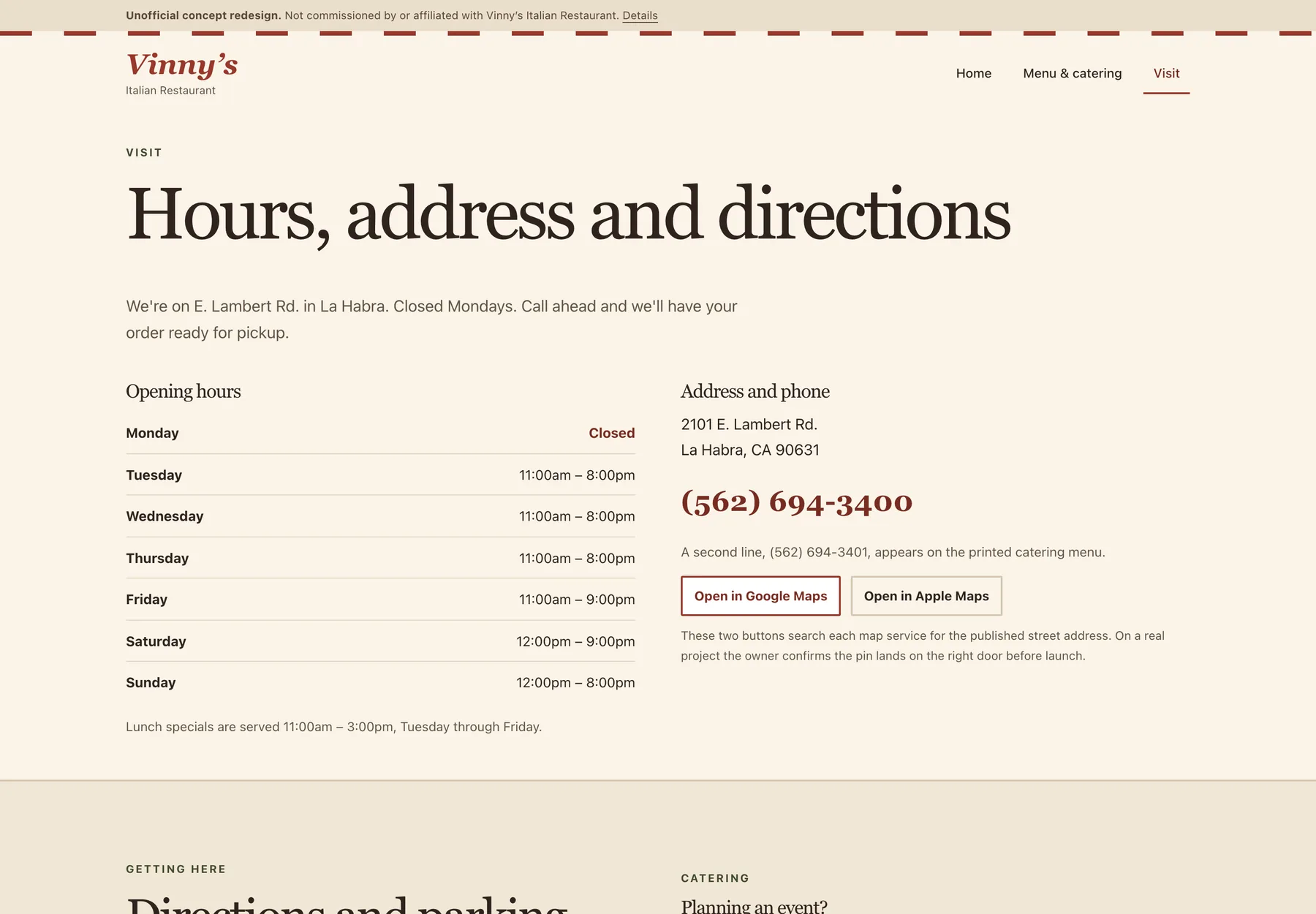 Vinny's Italian Restaurant concept redesign visit and hours page on desktop, showing opening hours, address and a tappable phone number.
