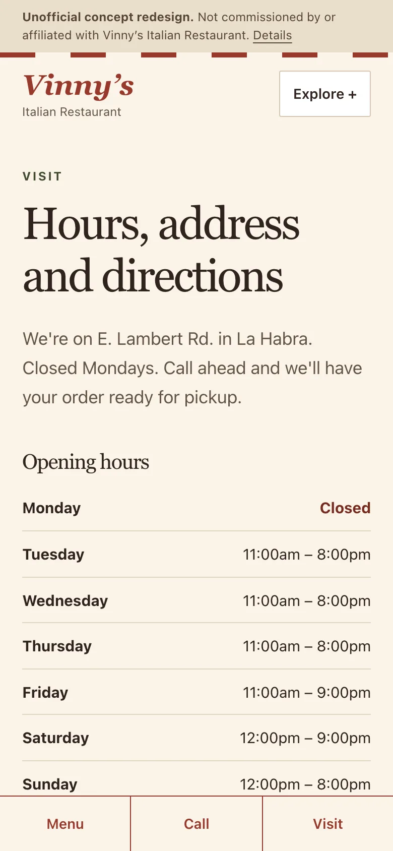 Vinny's Italian Restaurant concept redesign visit and hours page on a phone, showing opening hours, address and a tappable phone number.