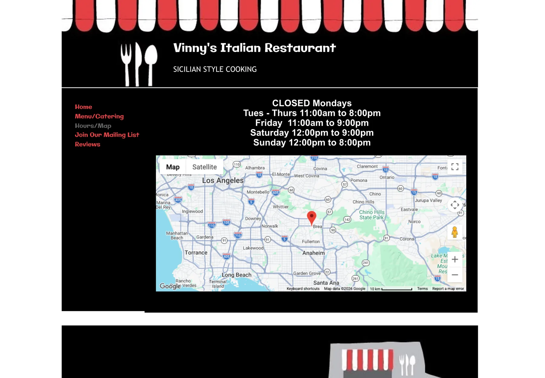 Original Vinny's Italian Restaurant visit and hours page on desktop, showing the opening hours and an embedded map.