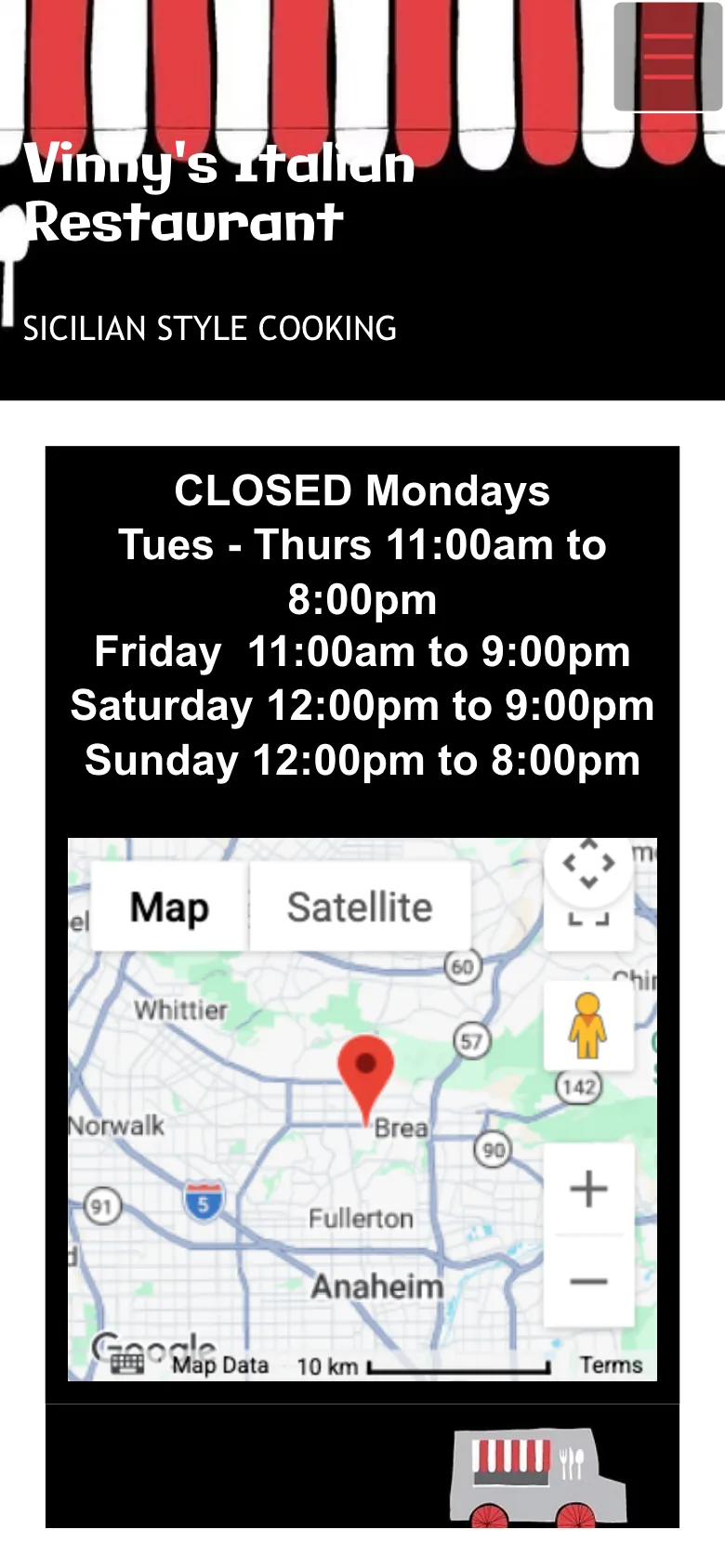 Original Vinny's Italian Restaurant visit and hours page on a phone, showing the opening hours and an embedded map.